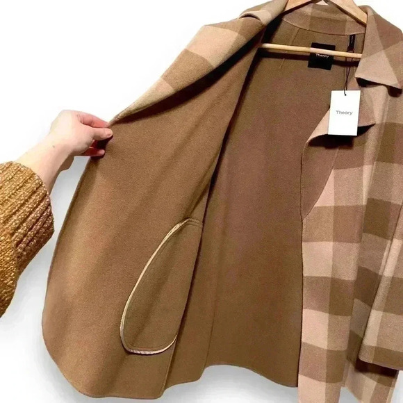 NWT Theory Buffalo Plaid Double Faced Check Overlay Tan Blazer Wool Coat Large - Picture 9 of 11